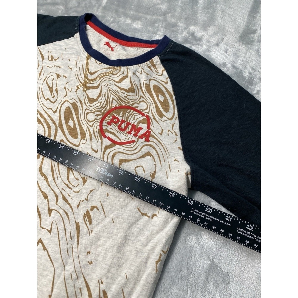 Puma 3/4 Sleeve Raglan Baseball T-Shirt Mens Medium Cream Navy Woodgrain Athlete - Picture 6 of 7